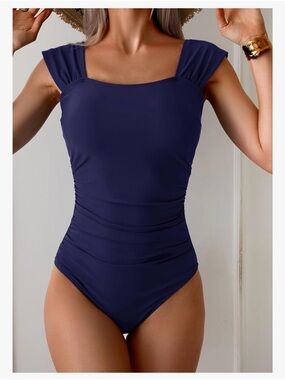 NWT B2prity Women Blue One Piece Swimsuit Retro Square Neck Tummy Control, Sz S